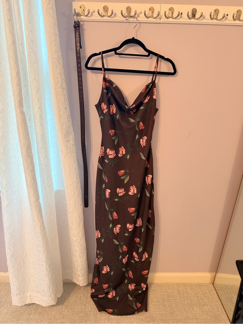Revolve Slip Maxi Dress in brown with Pink Floral Print